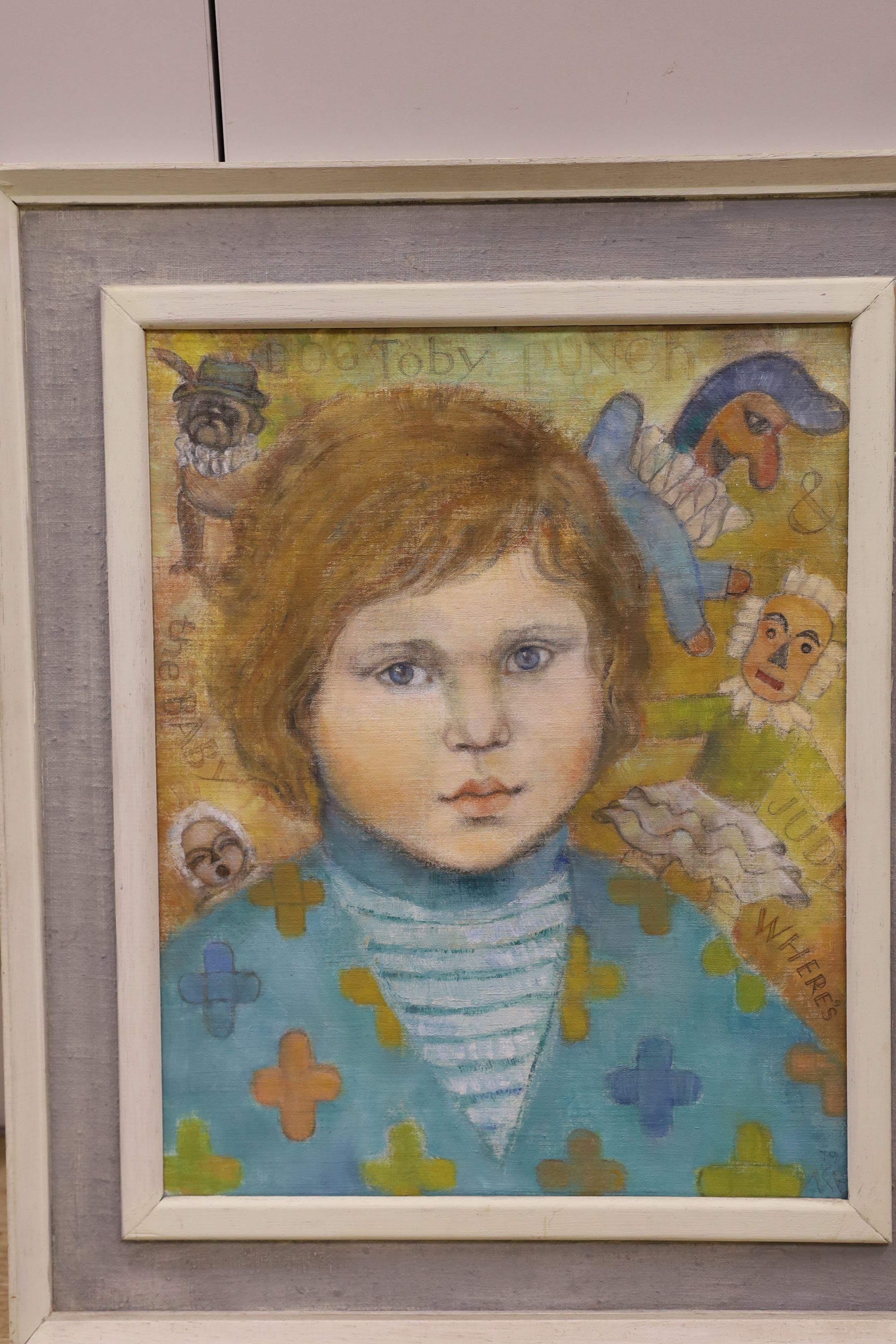 Molly Rice (Contemporary), two oils, one on canvas entitled 'Boy and bird', each with details verso, largest 45 x 45cm